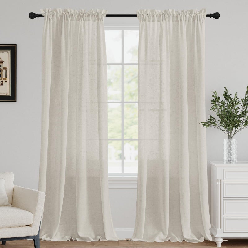 FantasDecor Ivory White Linen Sheer Curtains 96 inch Long for Bedroom Living Room Light Filtering Soft Thick Linen Textured Window Drapes Rod Pocket Burlap Look Farmhouse Decor, W52 x L96, Ivory - Image 1